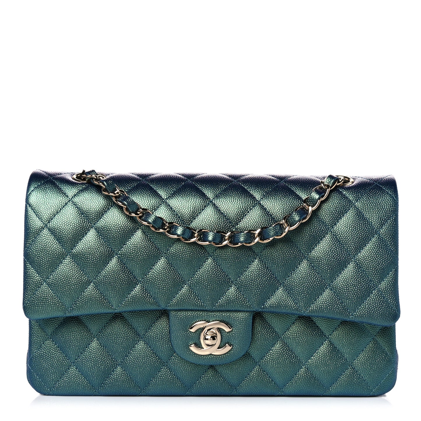 Iridescent Caviar Quilted Medium Double Flap Green