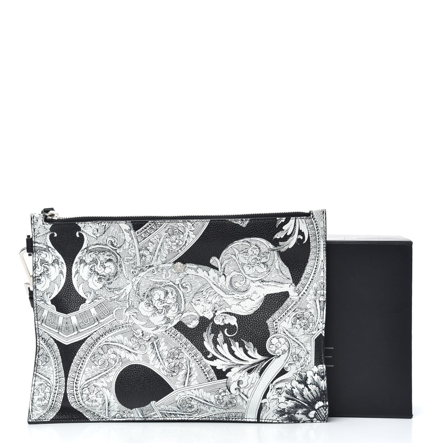 Grained Calfskin Large Baroccoflage Wristlet Pouch Black White