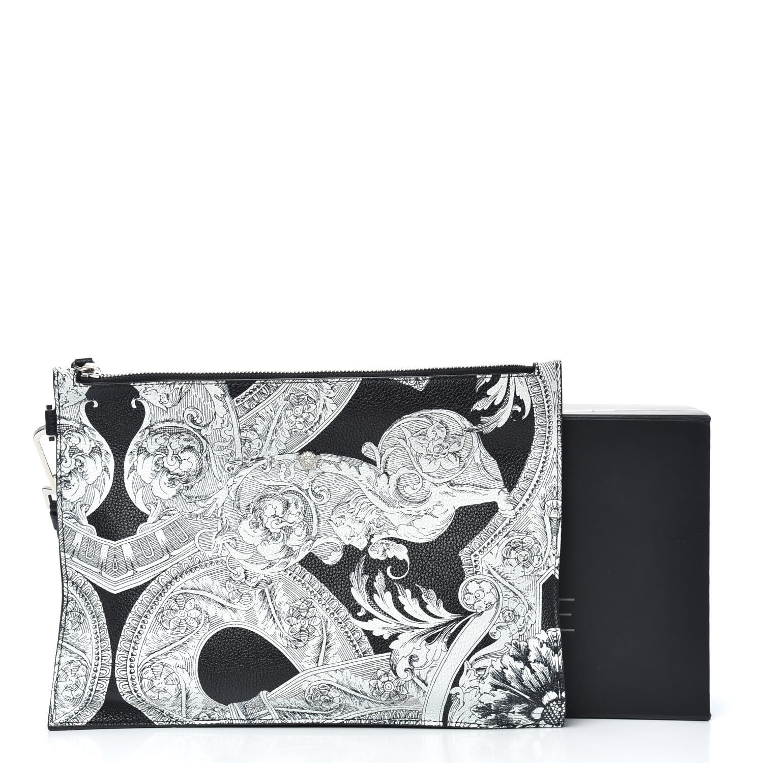 Versace Grained Calfskin Large Baroccoflage Wristlet Pouch Black White 8 of 8