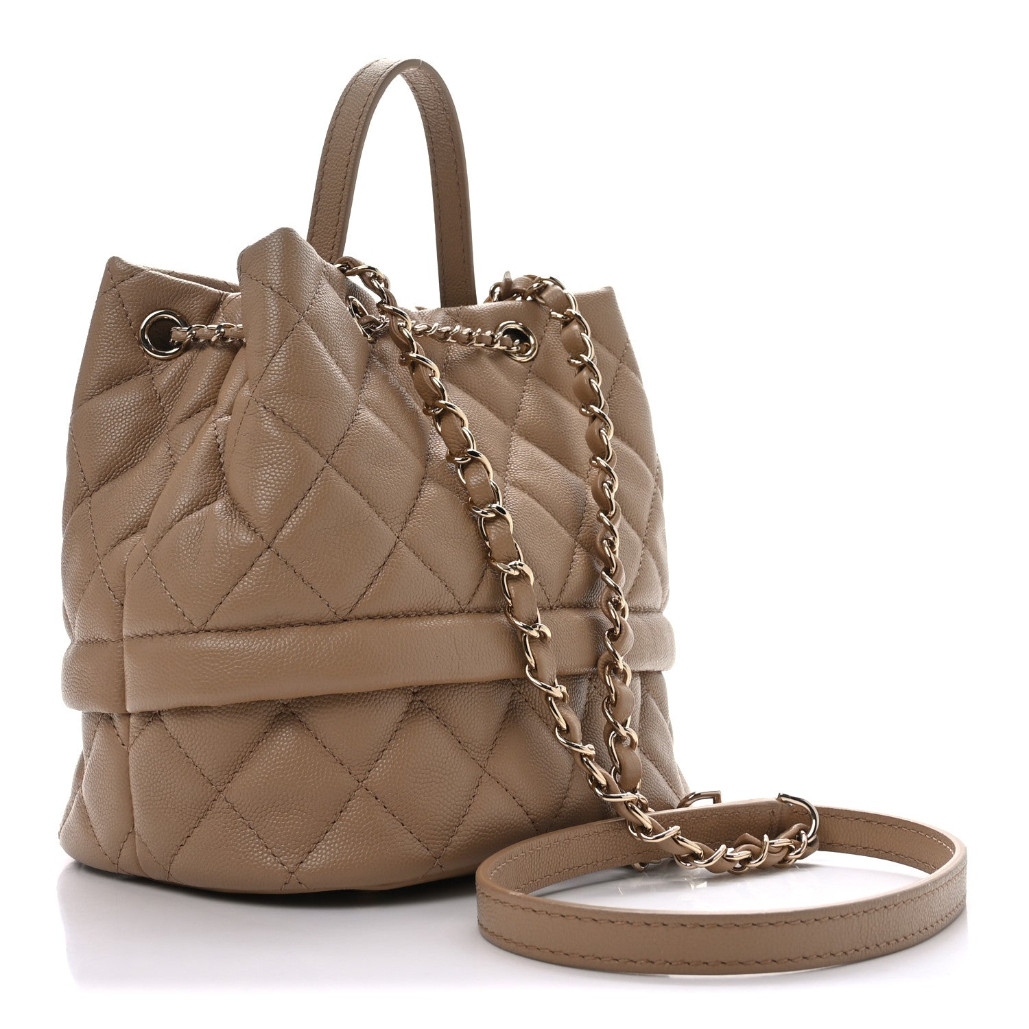Chanel Caviar Quilted Rolled Up Bucket Drawstring Bag Beige 3 of 10