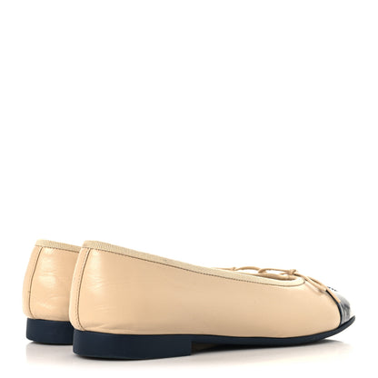 Chanel Goatskin Patent Calfskin Cap Toe CC Ballerina Flats 36 Light Beige Navy Blue 5 of 9