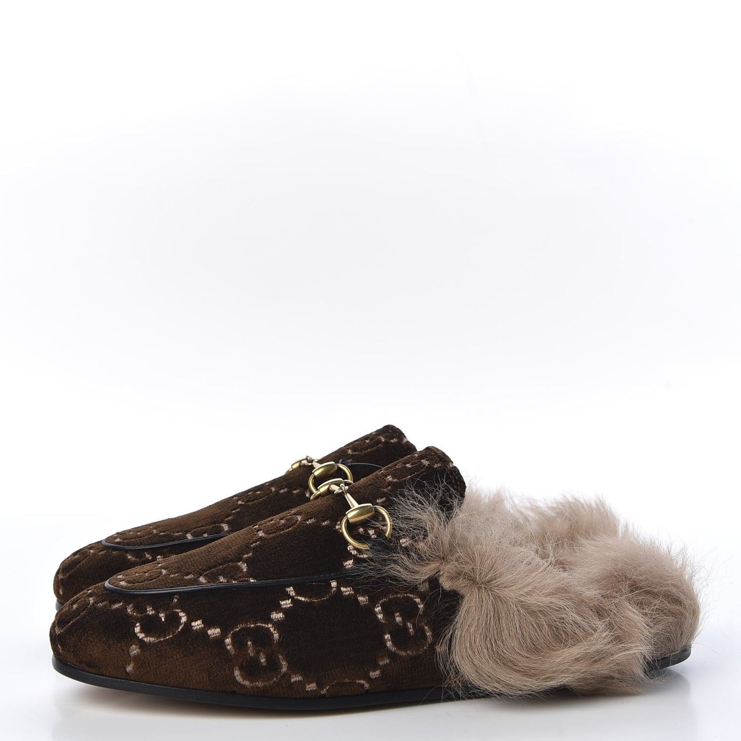 Velvet GG Monogram Fur Womens Princetown Slippers 37.5 Brown Black Natural