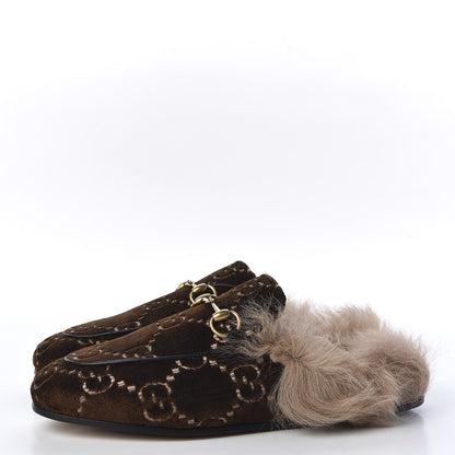 Gucci Velvet GG Monogram Fur Womens Princetown Slippers 37.5 Brown Black Natural 2 of 9
