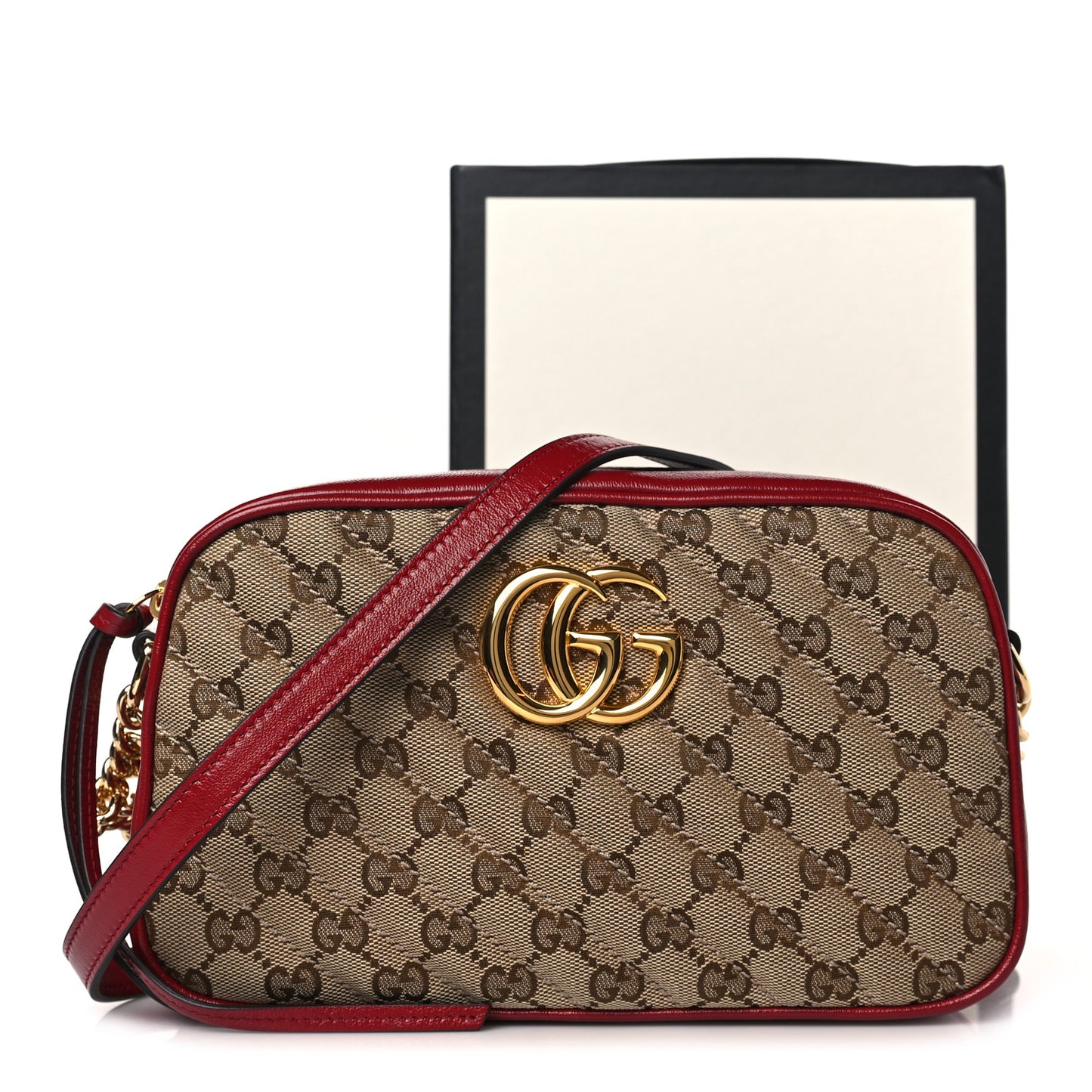 Monogram Azalea Calfskin Matelasse Diagonal Small GG Marmont Chain Shoulder Bag Beige Ebony New Cherry Red