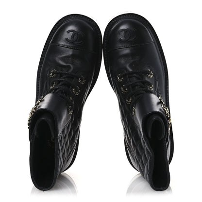 Chanel Shiny Lambskin Quilted Lace Up Combat Boots 36.5 Black 2 of 12