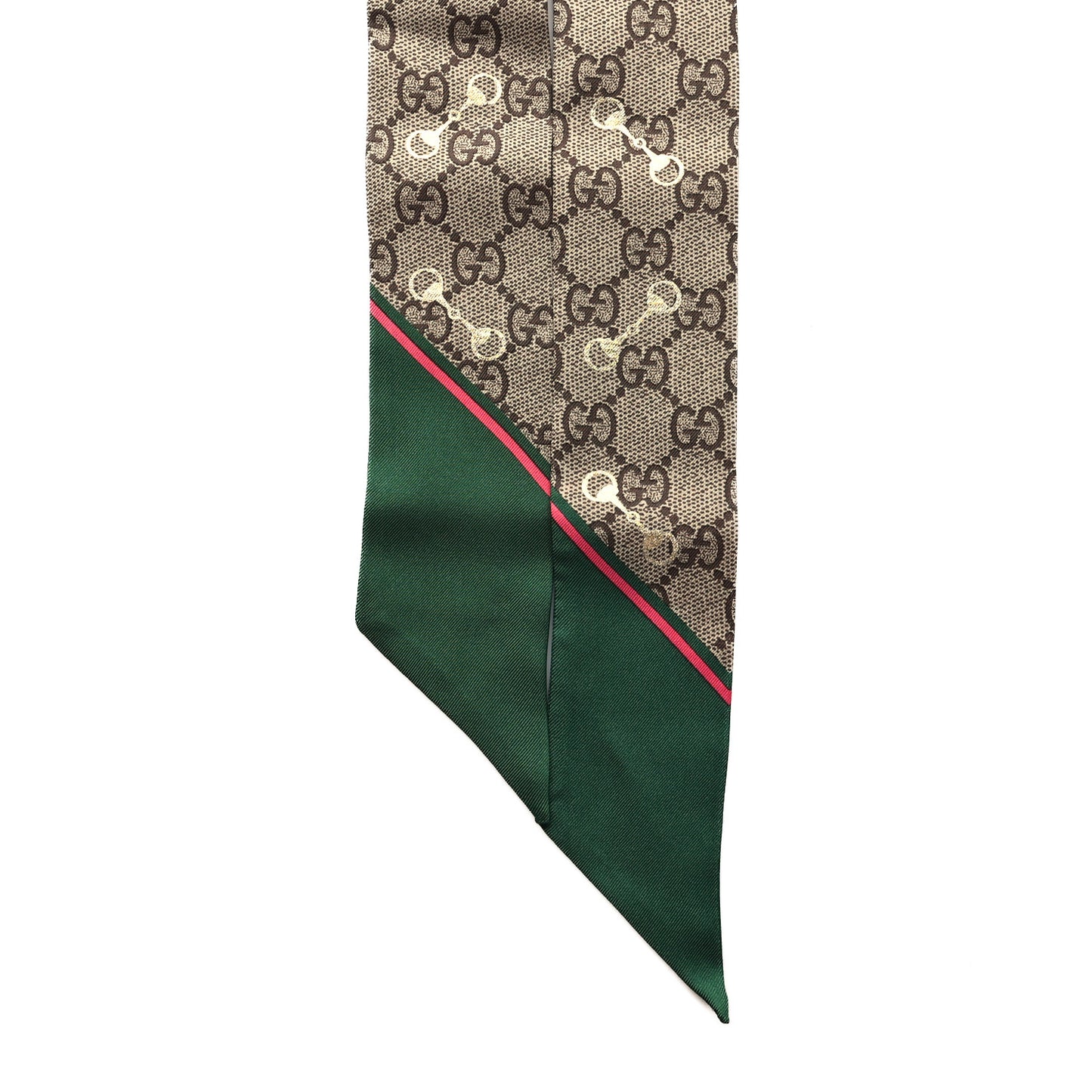 Silk Twill GG Monogram Gold Horsebity Neck Bow Scarf Green Pink