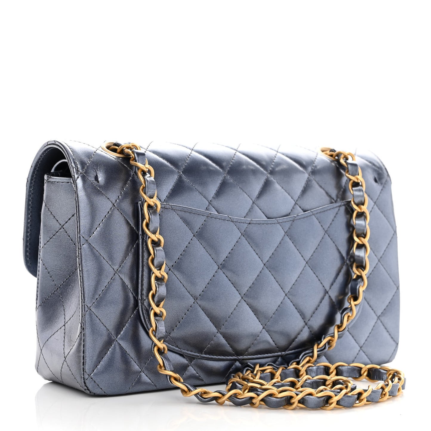Metallic Lambskin Quilted Small Double Flap Blue