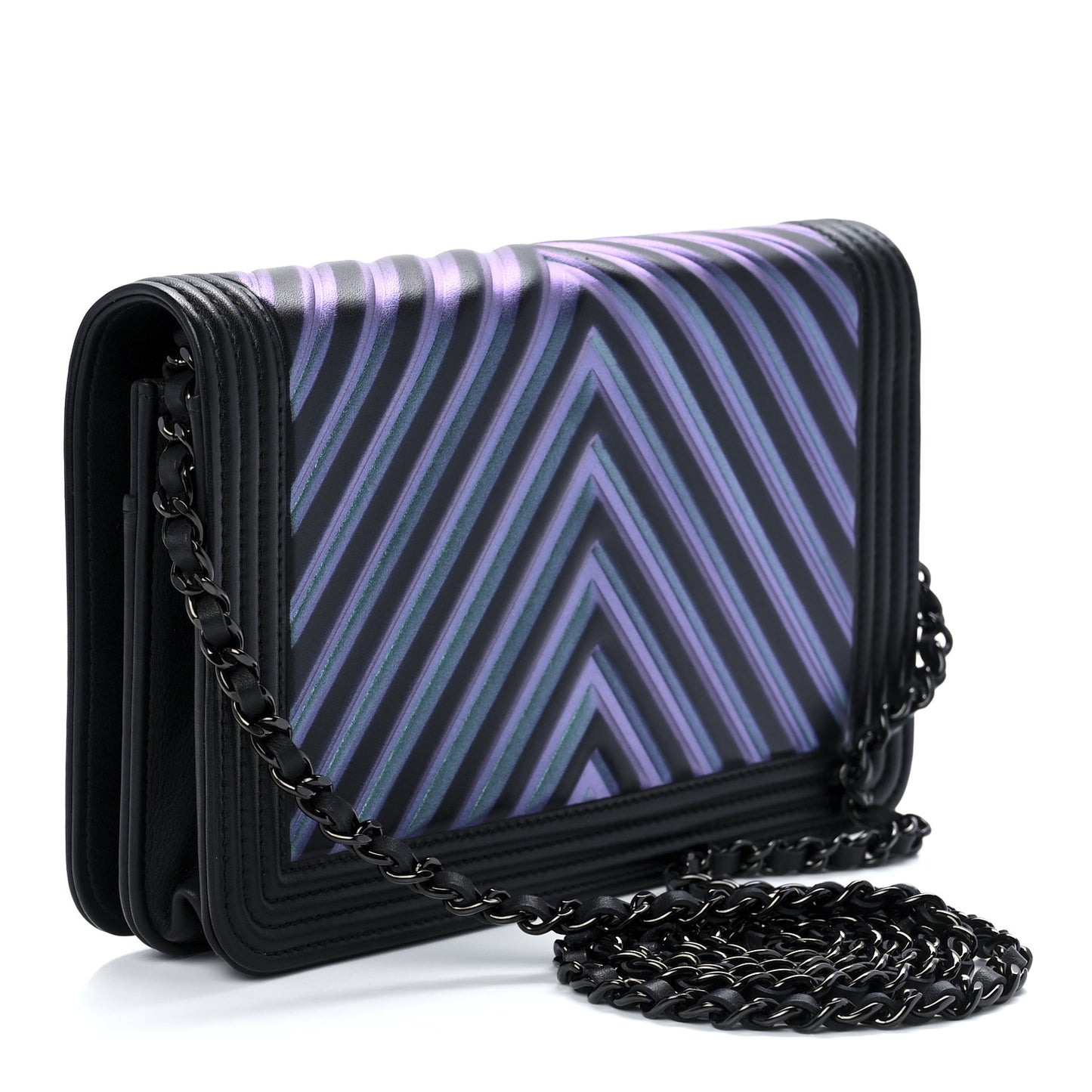Calfskin Painted Chevron Embossed Boy Wallet On Chain WOC Black
