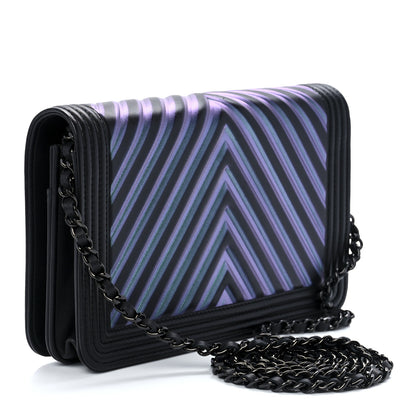 Chanel Calfskin Painted Chevron Embossed Boy Wallet On Chain WOC Black 3 of 12