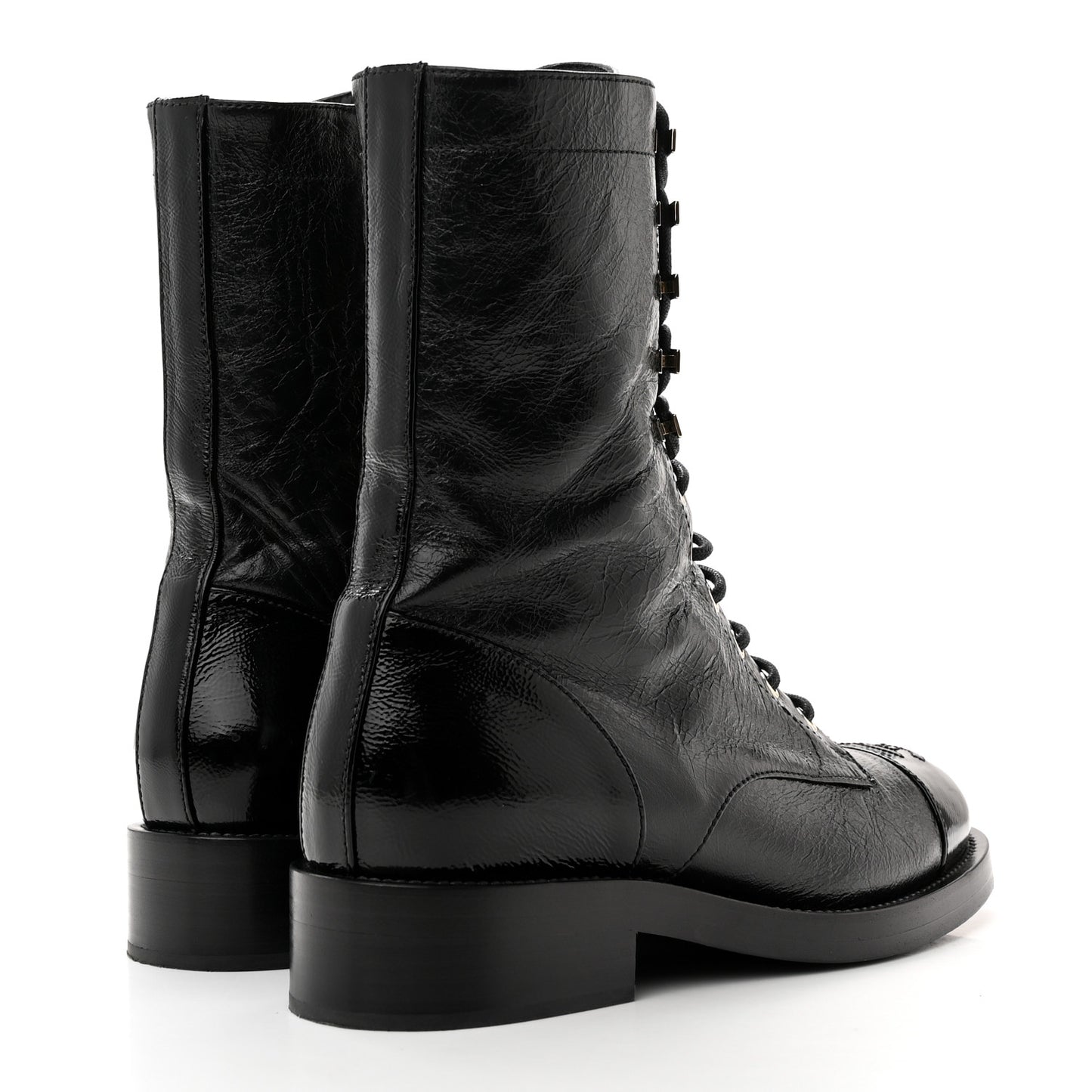 Crumpled Calfskin Patent Cap Toe Lace Up Combat Boots 38 Black