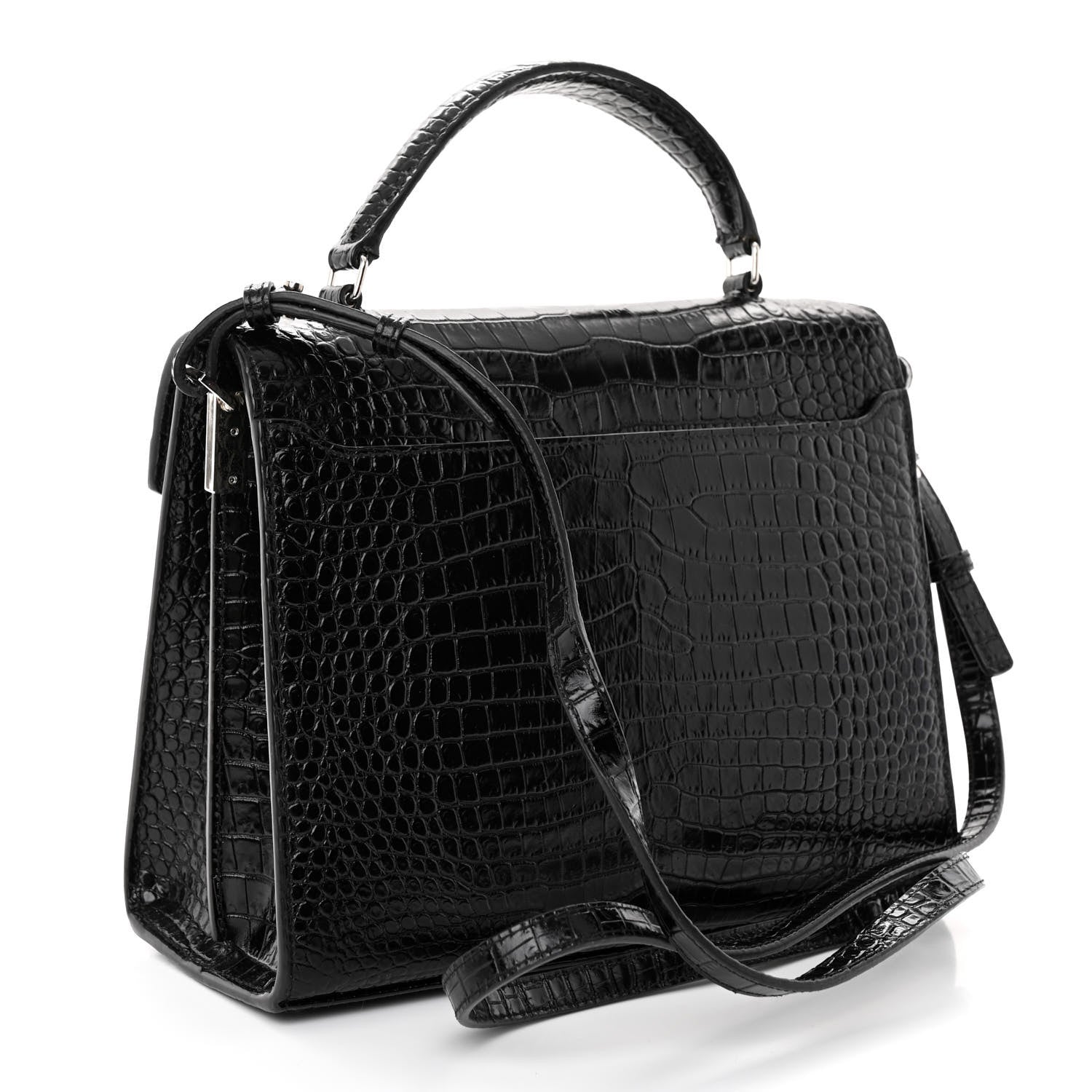 Saint Laurent Calfskin Crocodile Embossed Medium Classic Monogram Cassandra Top Handle Black 3 of 9