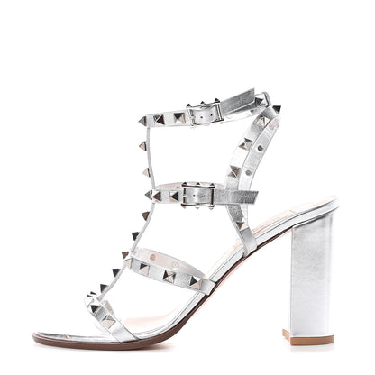 Valentino Garavani Metallic Calfskin Rockstud 90mm City Sandals 39 Silver 1 of 7