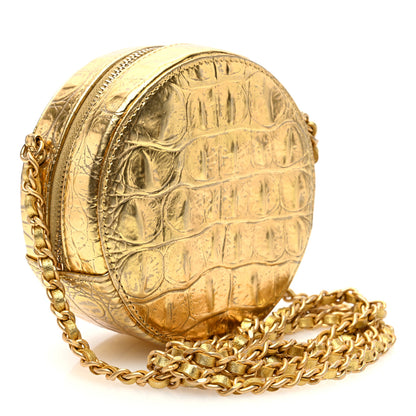 Chanel Metallic Calfskin Crocodile Embossed Cocodile Round Clutch with Chain Gold 3 of 10