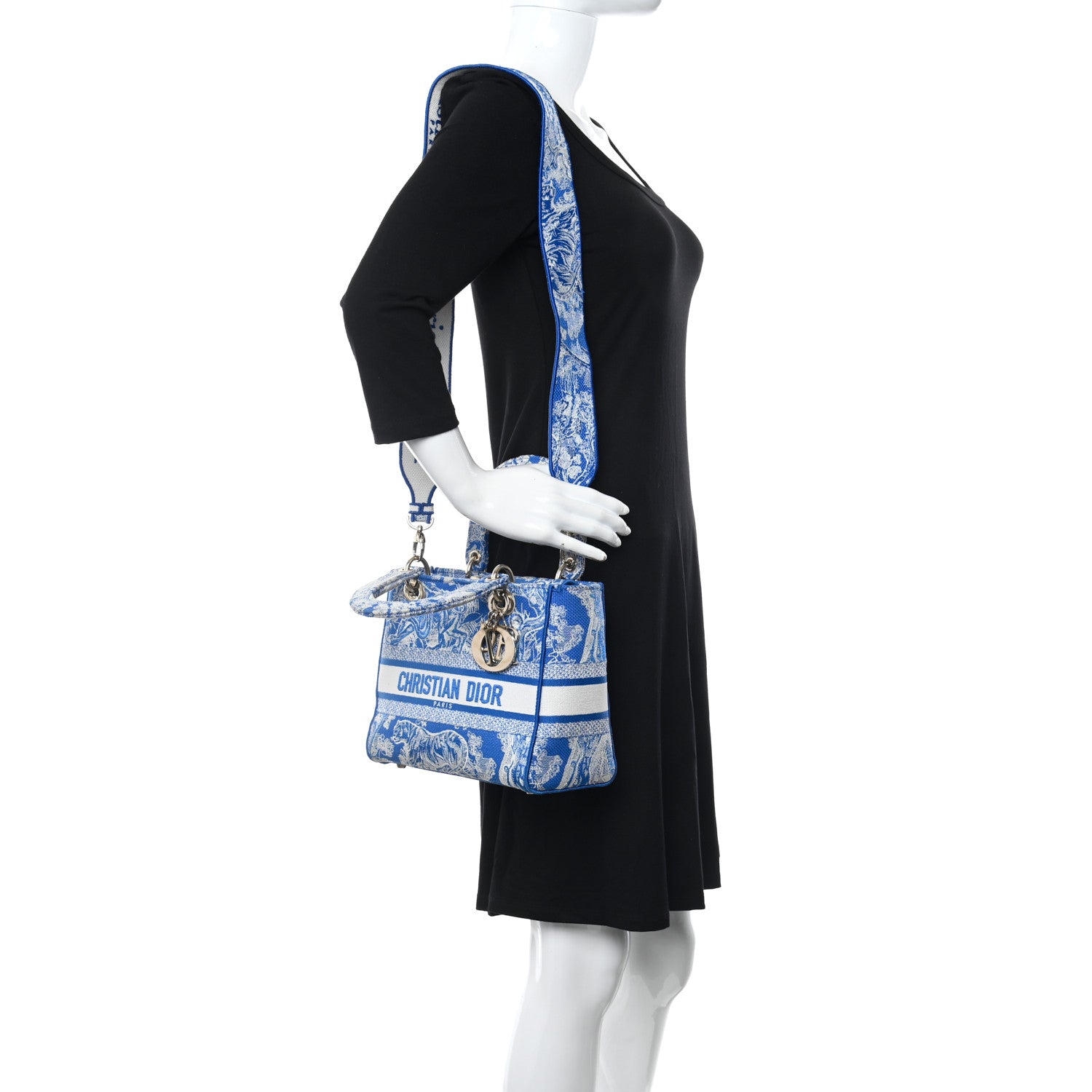 Christian Dior Canvas Toile De Jouy Reverse Embroidered Medium Lady D-Lite Fluorescent Blue 2 of 9