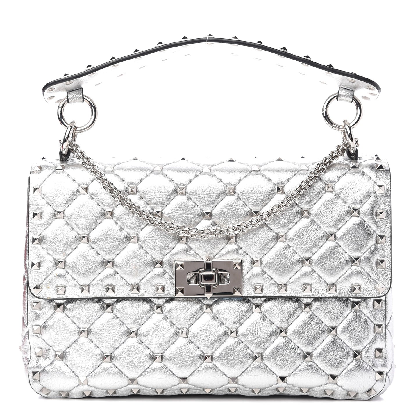 Metallic Nappa Medium Rockstud Spike Shoulder Bag Silver