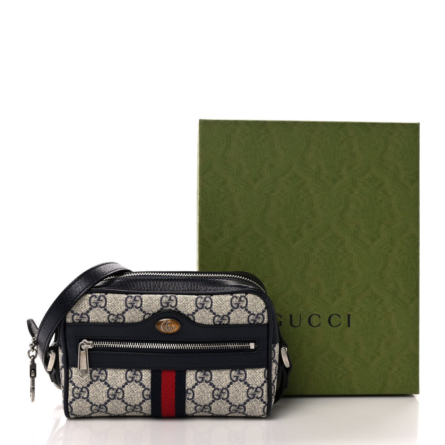 GG Supreme Monogram Textured Dollar Calfskin Web Mini Ophidia Shoulder Bag Beige Blue