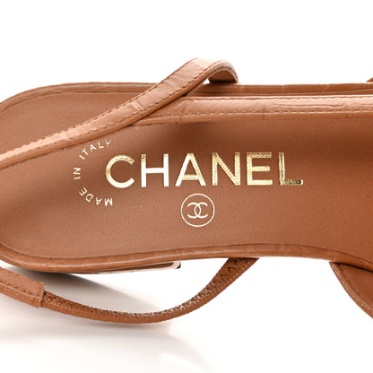 Chanel Calfskin Crocodile Embossed Patent Cap Toe CC Slingback Flats 37.5 Brown Black 7 of 11