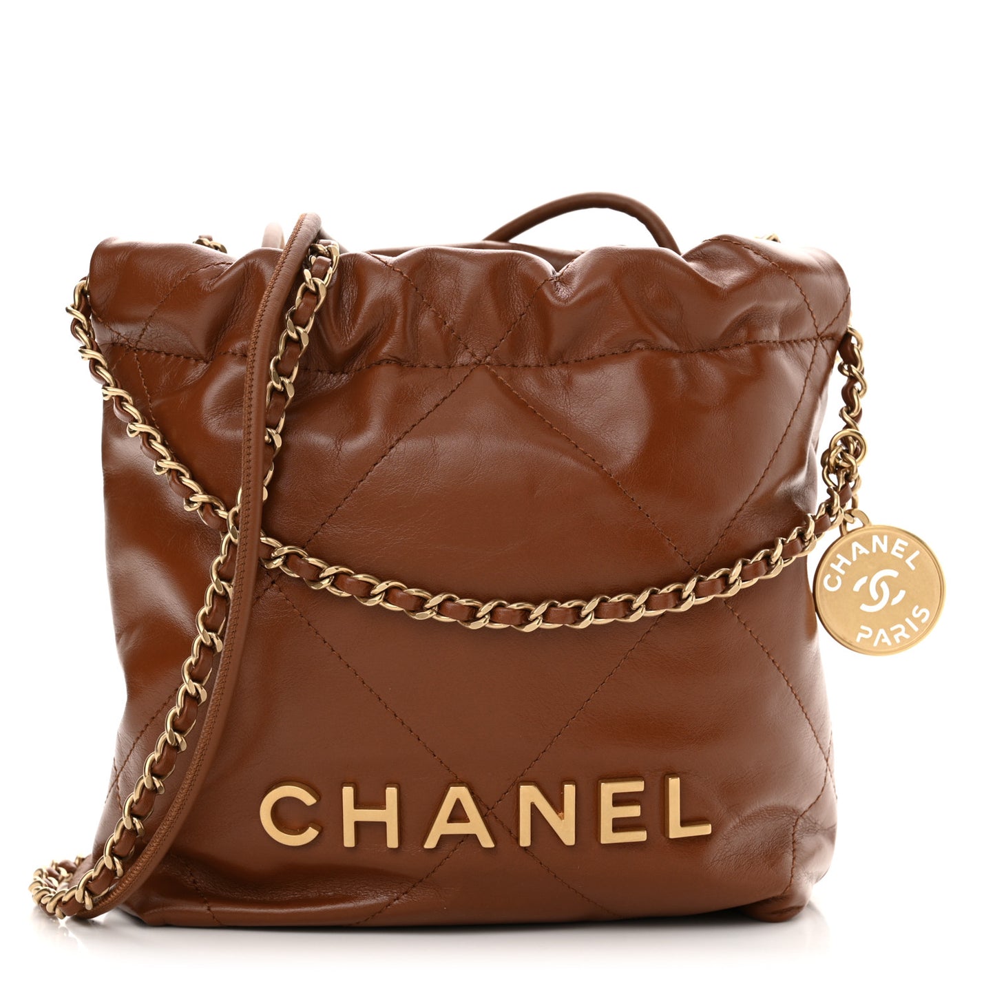 Shiny Calfskin Quilted Mini Chanel 22 Light Brown