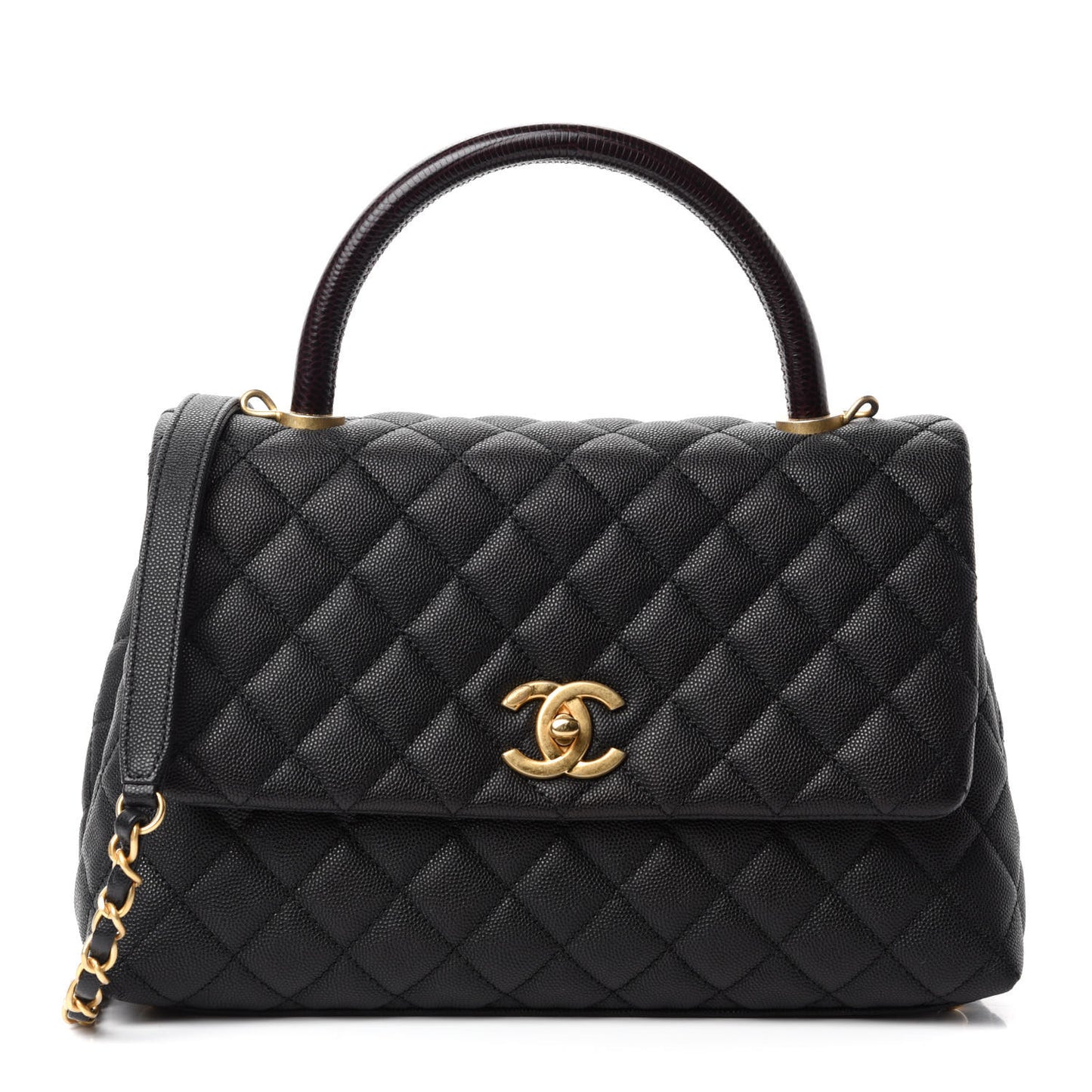 Caviar Lizard Embossed Quilted Small Coco Handle Flap Black