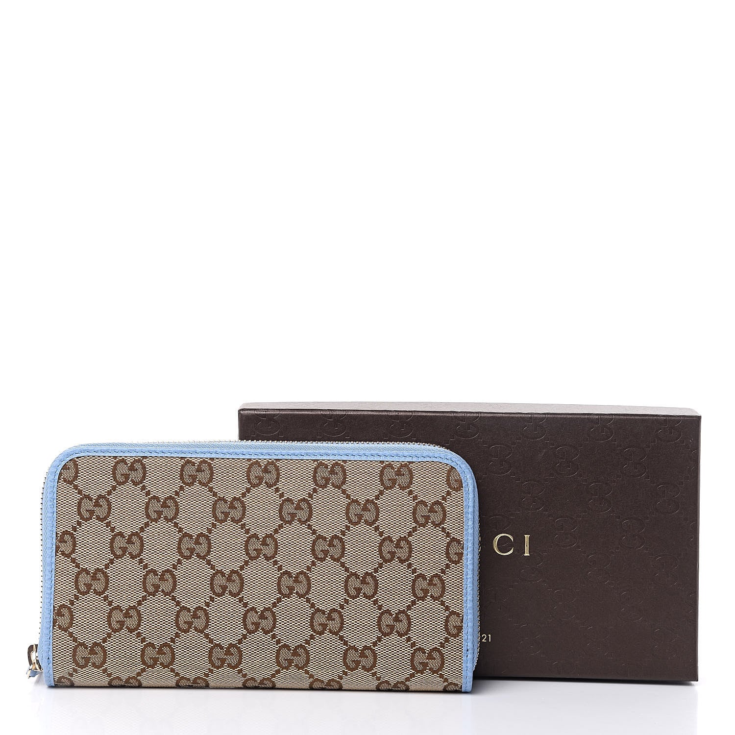 Gucci Monogram Dollar Calfskin Zip Around Wallet Beige Ebony Mineral Blue 10 of 10