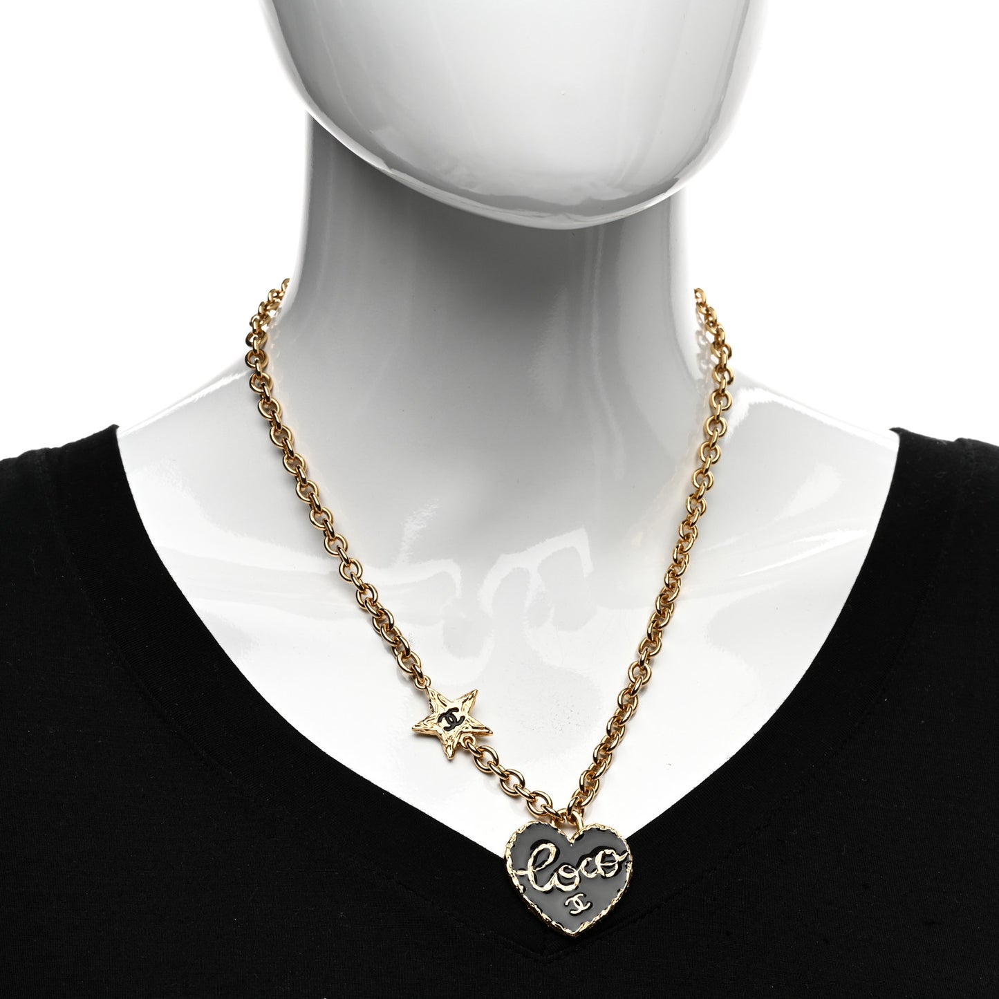 Enamel Coco Heart CC Star Necklace Gold Black