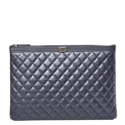 Chanel Metallic Caviar Quilted Large Boy Cosmetic Case Navy 1 of 7