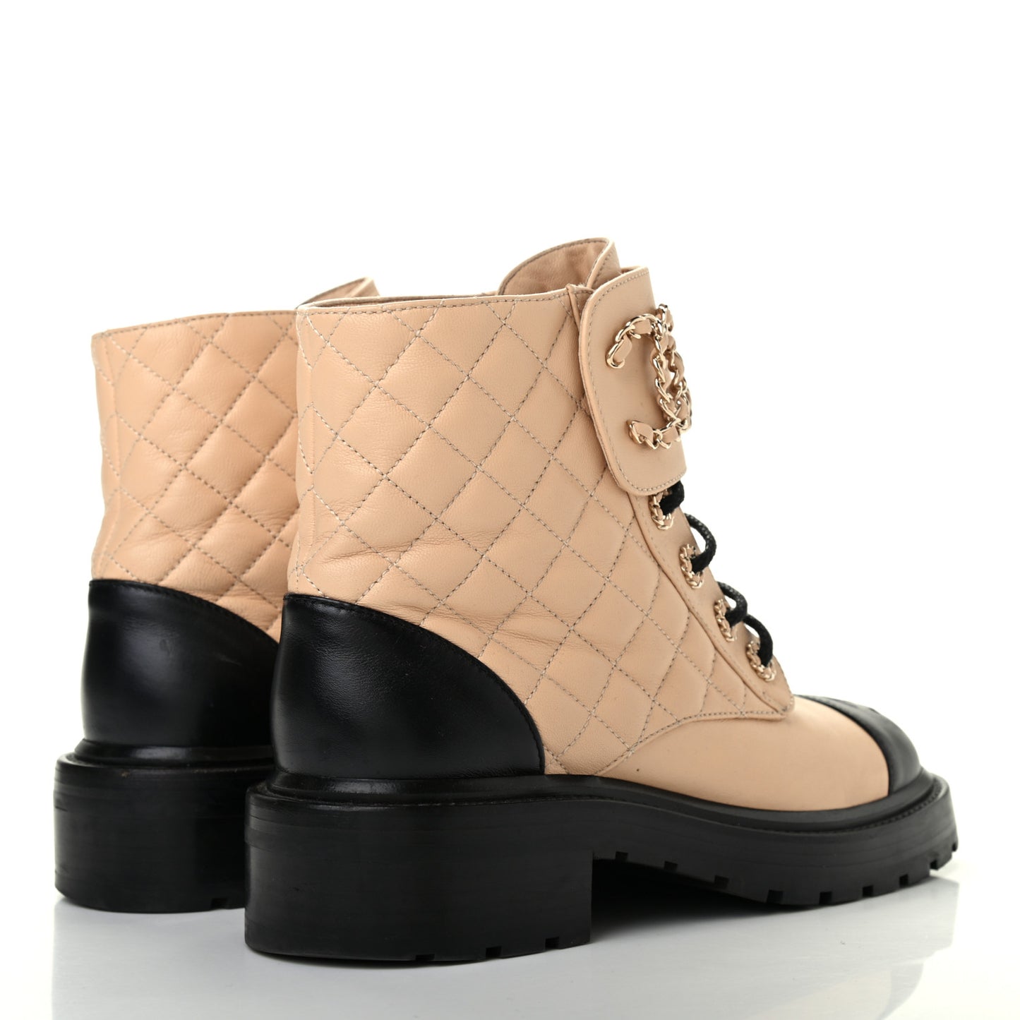 Lambskin Calfskin Quilted Lace Up Combat Boots 37.5 Beige Black
