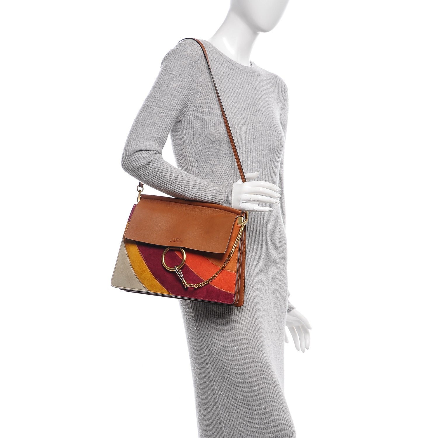 Chloe Calfskin Suede Rainbow Patchwork Medium Faye Shoulder Bag Caramel 2 of 6