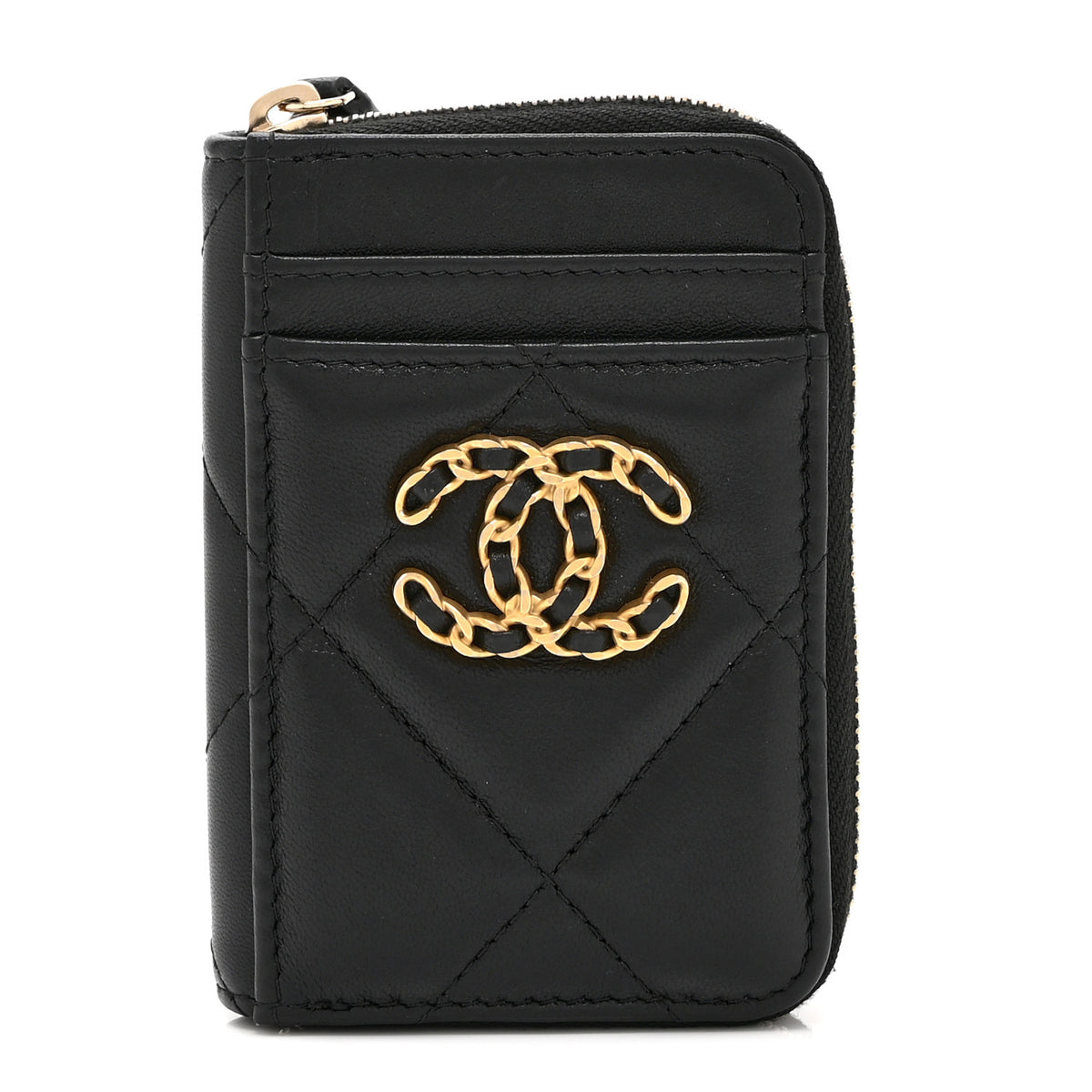 Chanel Lambskin Quilted Chanel 19 Vertical Zip Card Holder Wallet Black 1 of 11