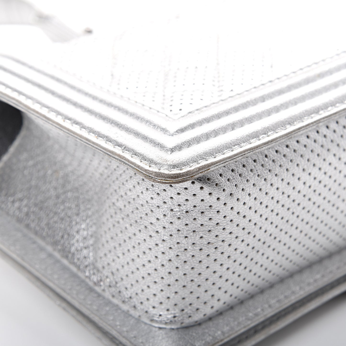 Metallic Perforated Lambskin Quilted Medium Boy Flap Argent