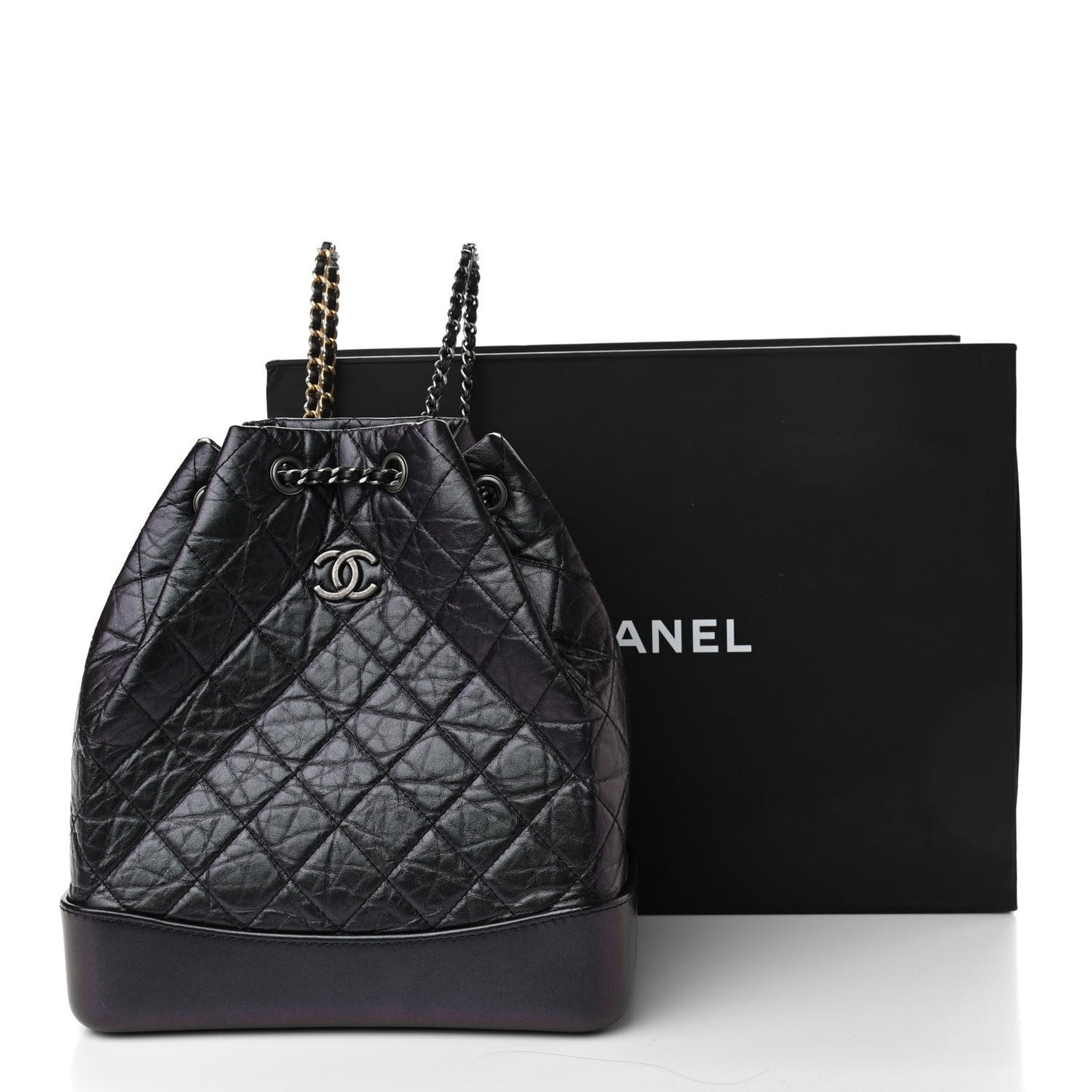 Iridescent Aged Calfskin Quilted Gabrielle Backpack Black