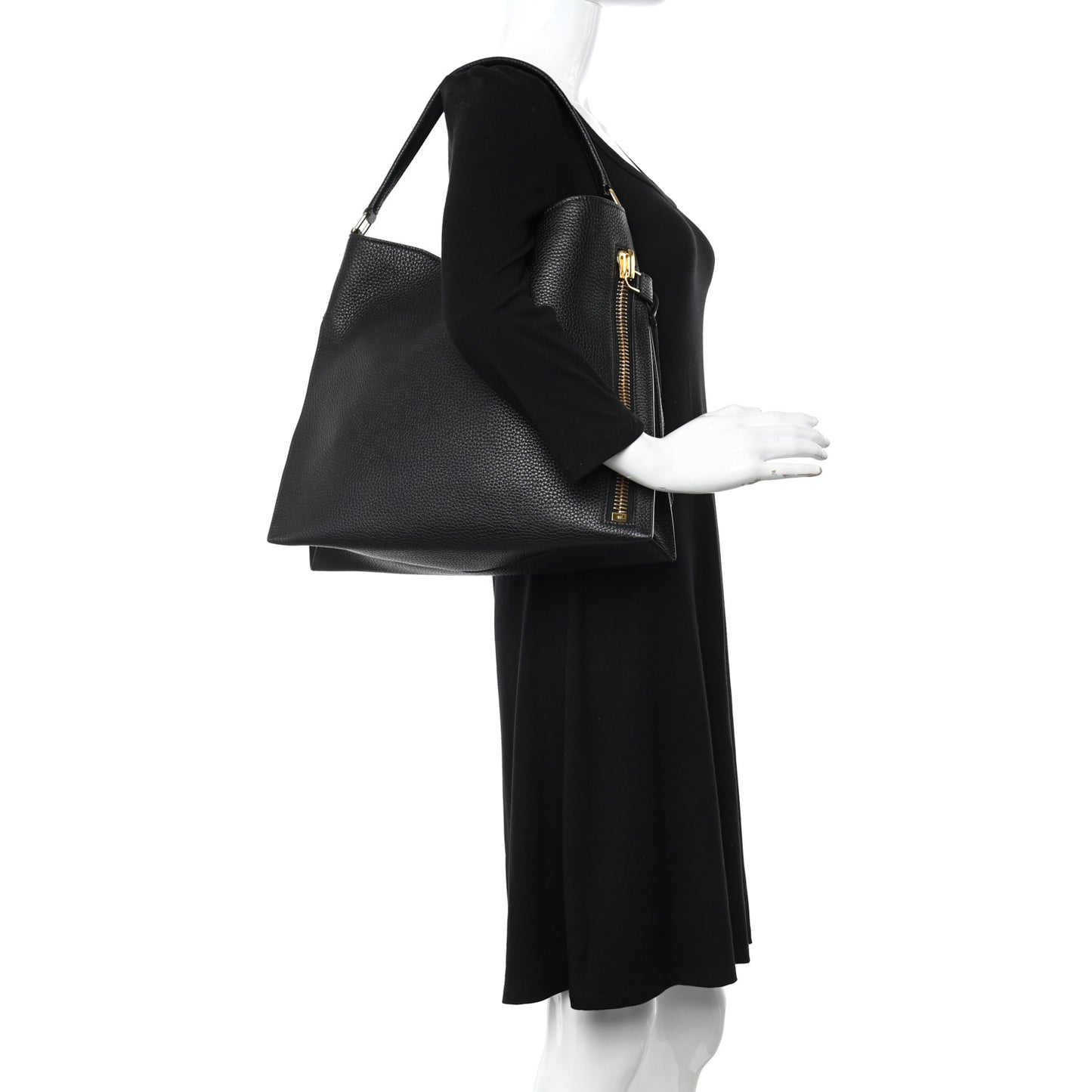 Pebbled Calfskin Large Alix Padlock Zip Hobo Bag Black