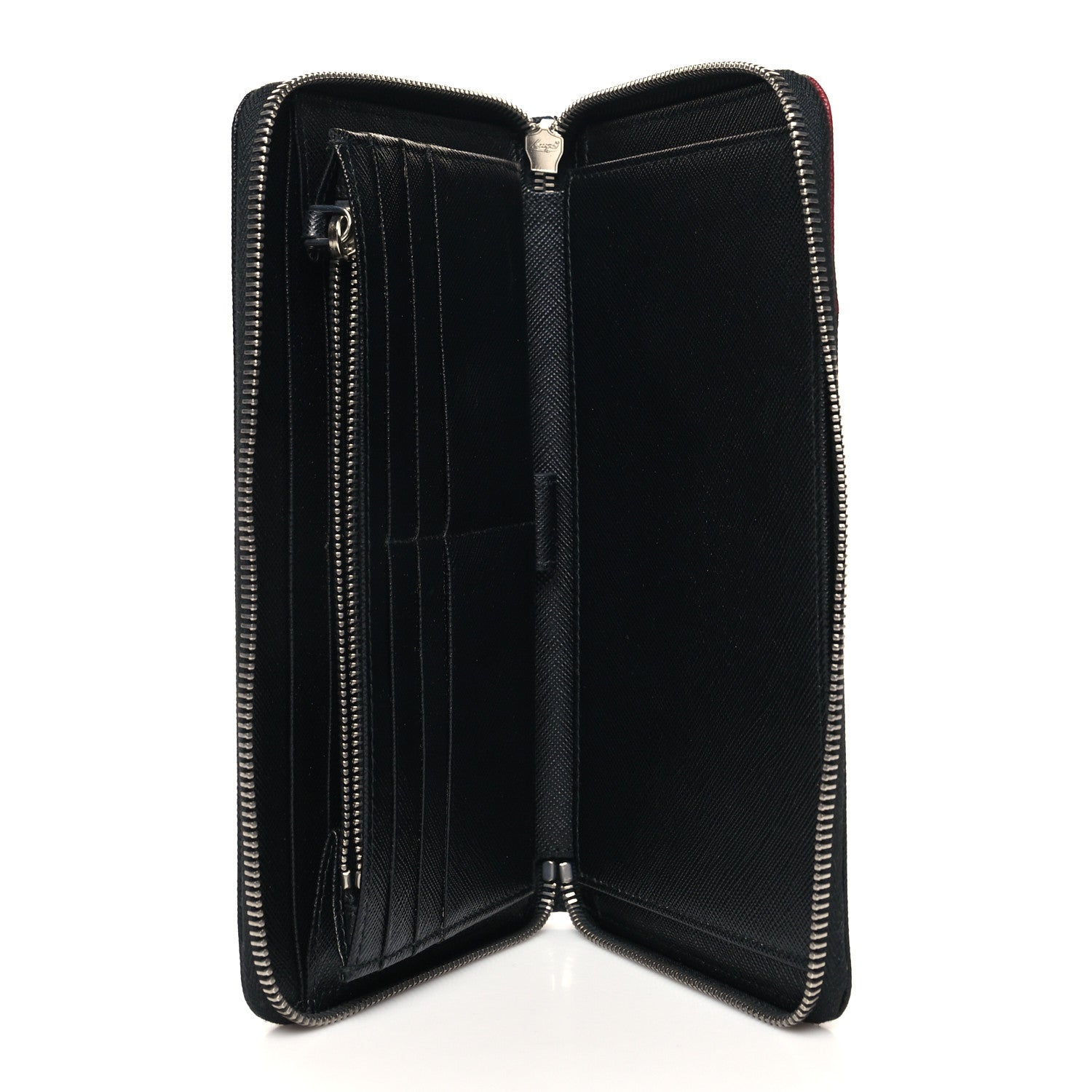 Prada Saffiano Metal Large Zip Around Travel Wallet Black Rubino 5 of 11