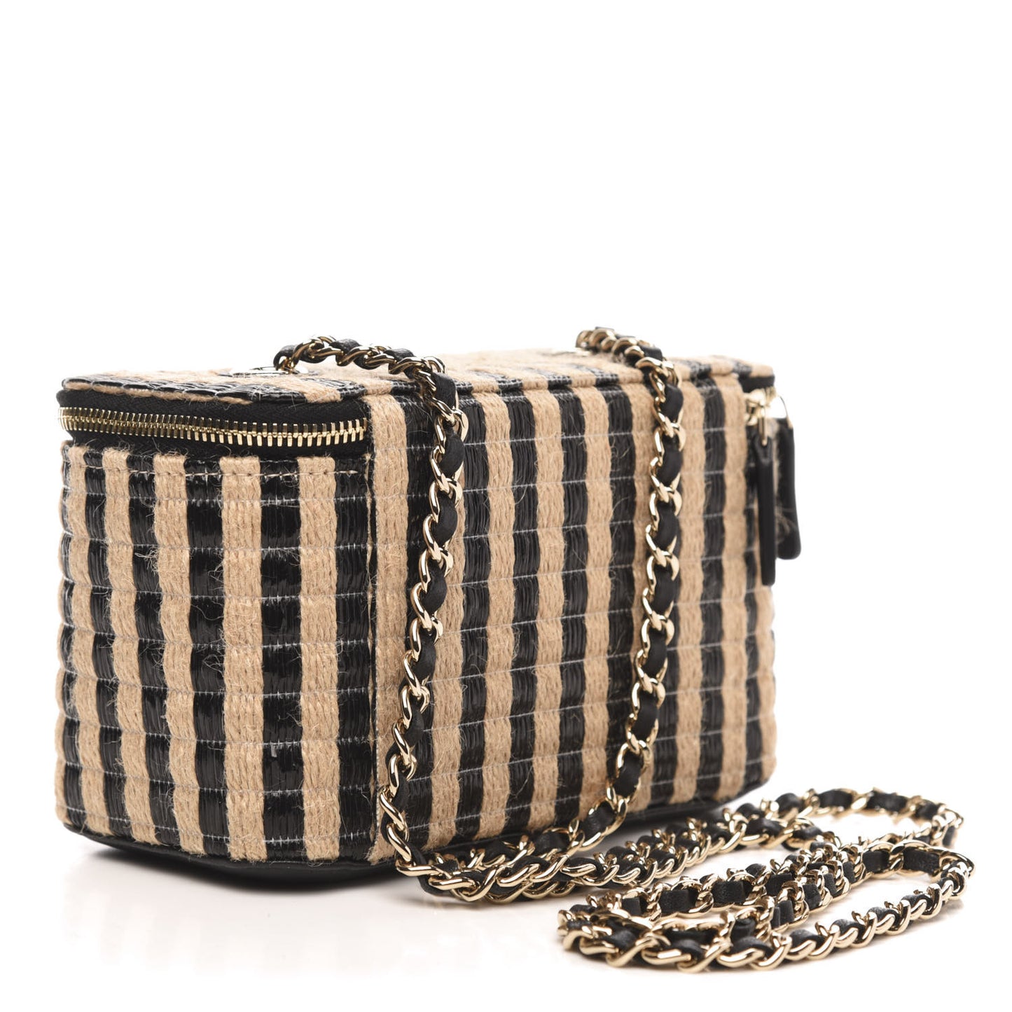 Raffia Jute Striped Small Vanity Case With Chain Black Beige