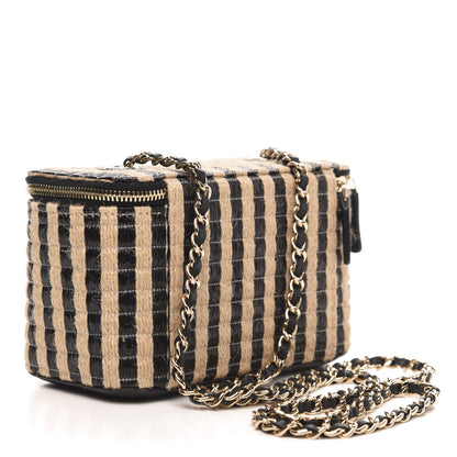 Chanel Raffia Jute Striped Small Vanity Case With Chain Black Beige 3 of 10