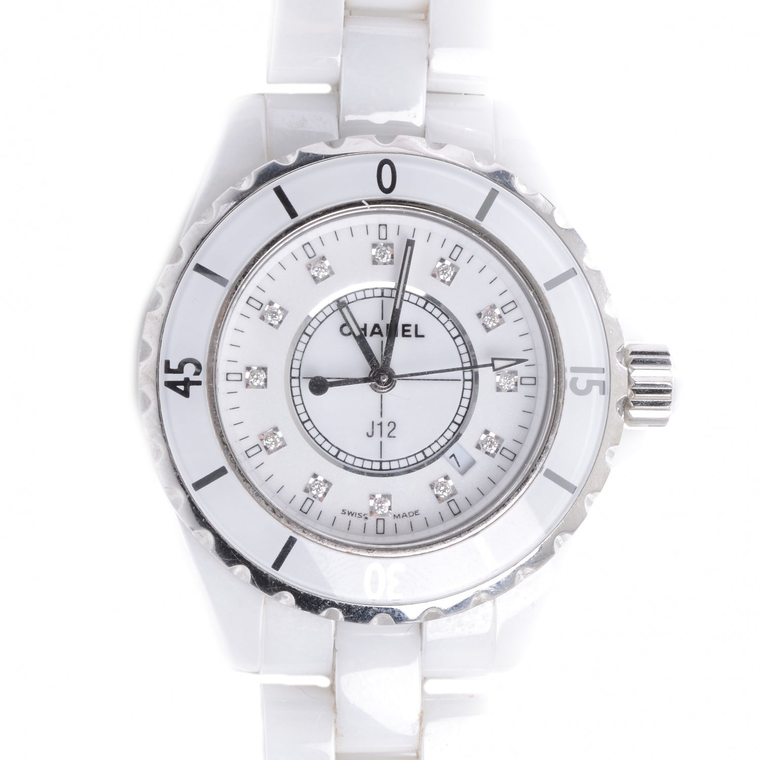 Chanel Stainless Steel Ceramic Diamond 33mm J12 Quartz Watch White 1 of 5