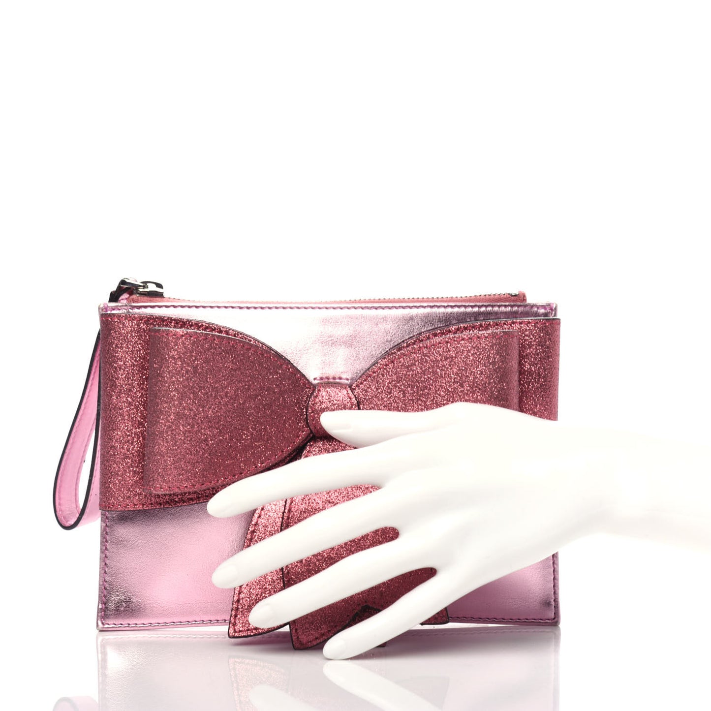 Calfskin Glitter Bow Wristlet Pink Rose