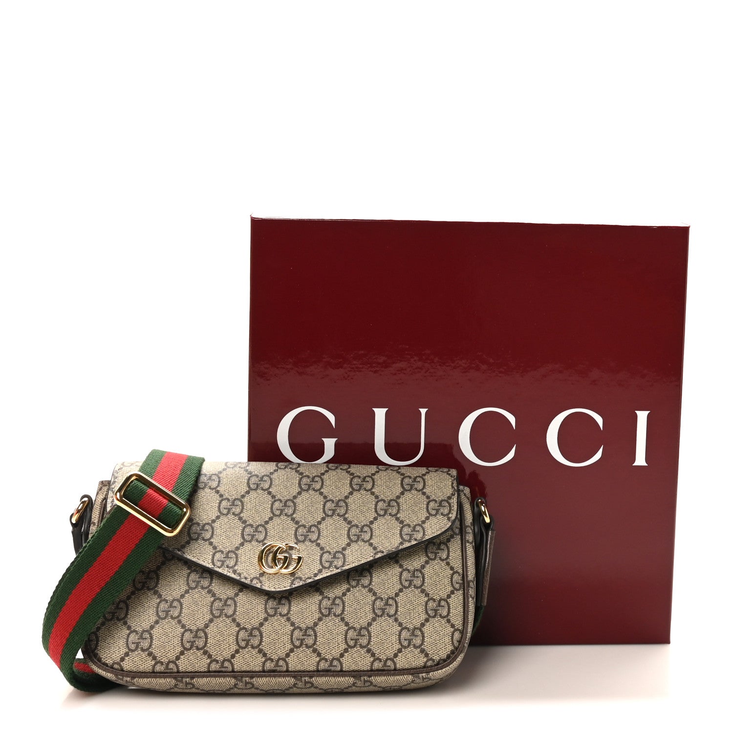 Gucci GG Supreme Monogram Textured Dollar Calfskin Web Mini Ophidia Envelope Shoulder Bag Beige Ebony New Acero 10 of 10