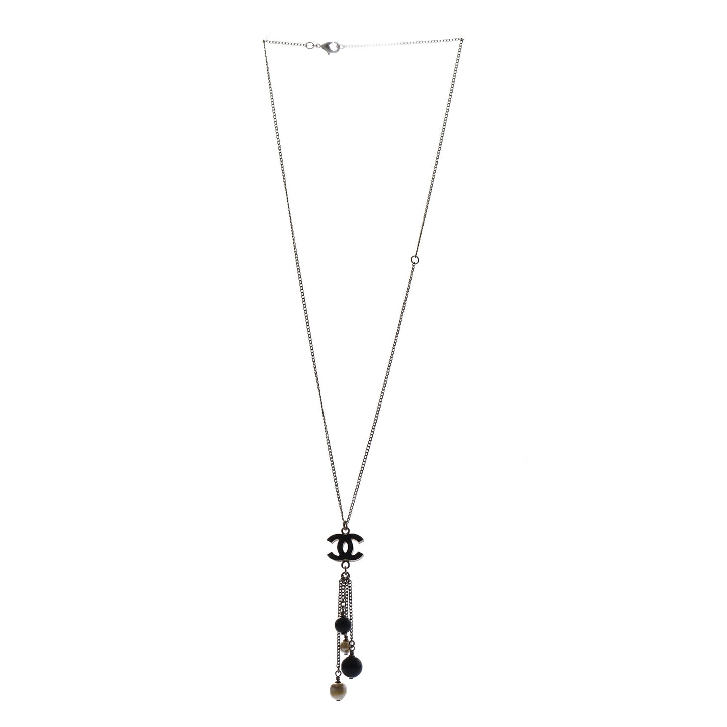 Enamel Bead Pearl CC Drop Necklace Black Gold
