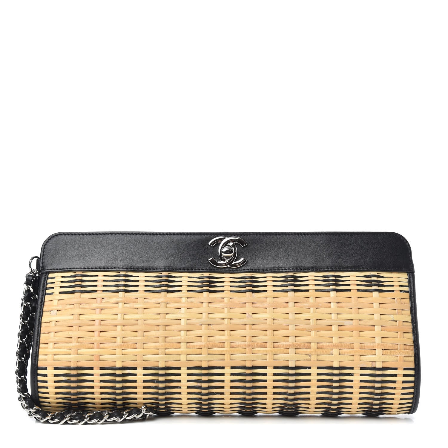 Chanel Rattan Calfskin CC Chain Wristlet Clutch Black Beige 1 of 9