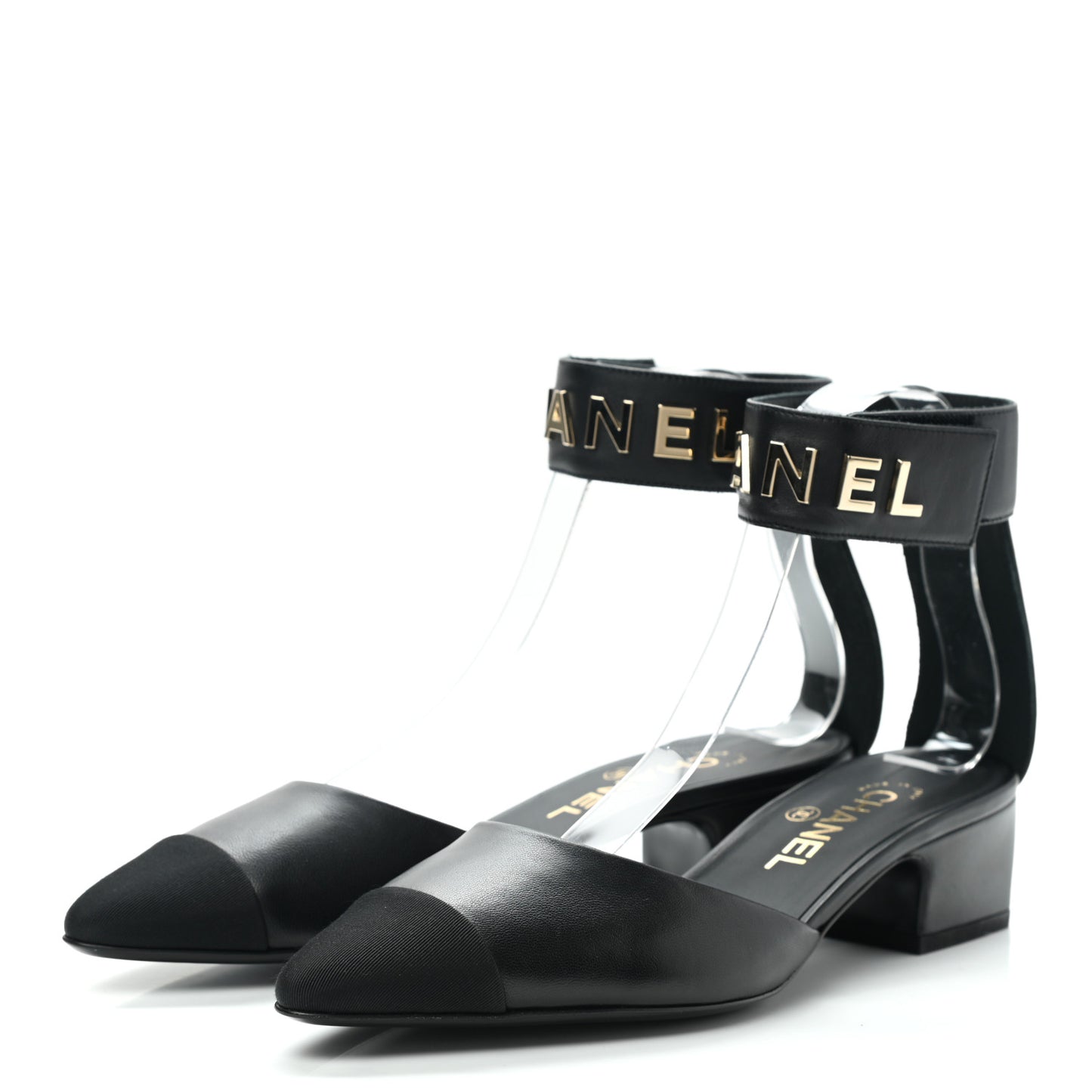 Lambskin Grosgrain Cap Toe Logo Ankle Strap Pumps 38 Black