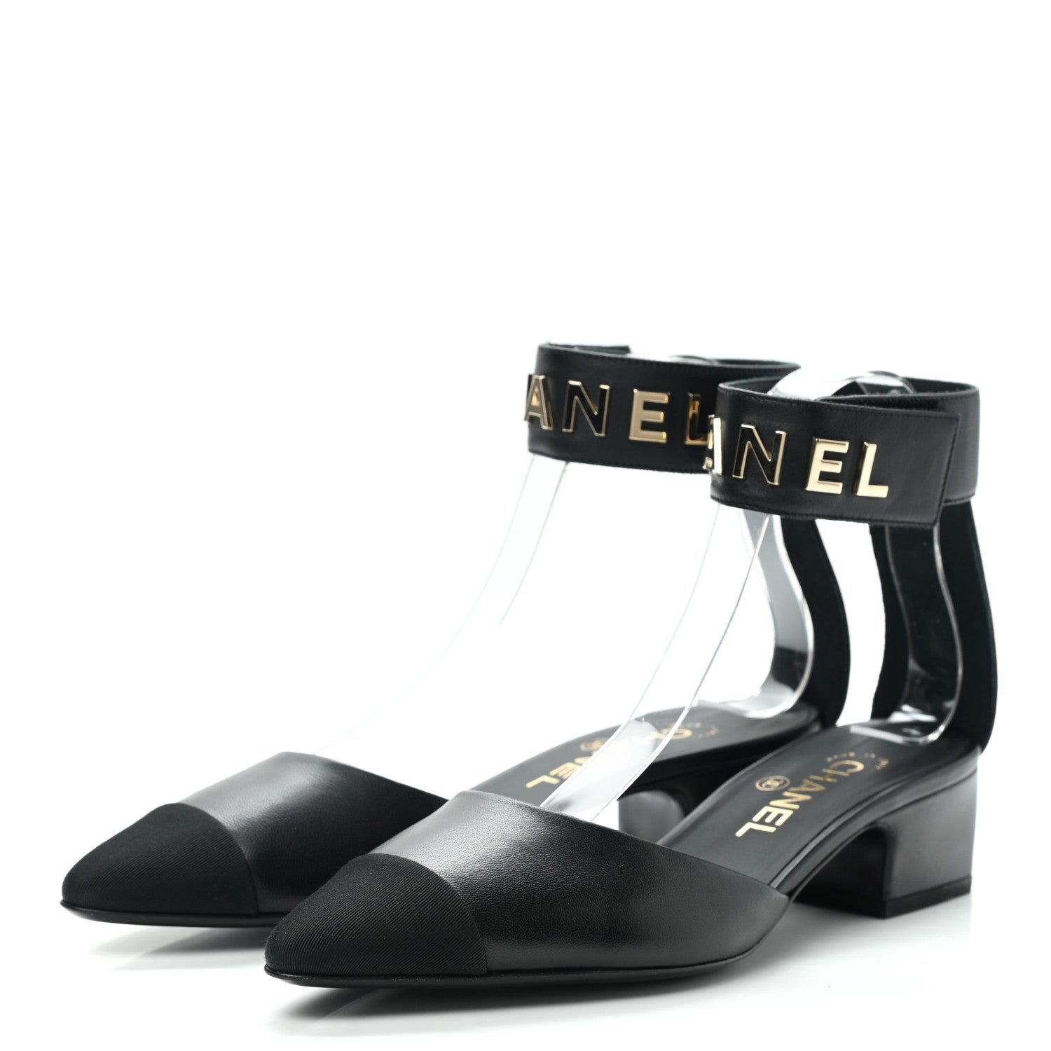 Chanel Lambskin Grosgrain Cap Toe Logo Ankle Strap Pumps 38 Black 3 of 9