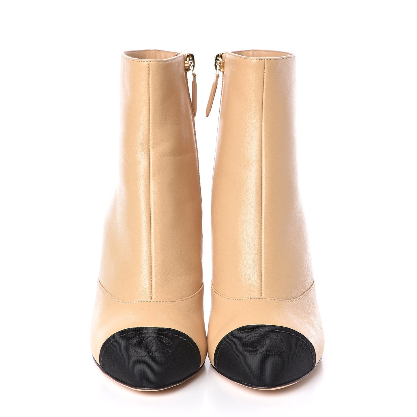 Lambskin Grosgrain Cap Toe Short Ankle Boots 36 Beige Black