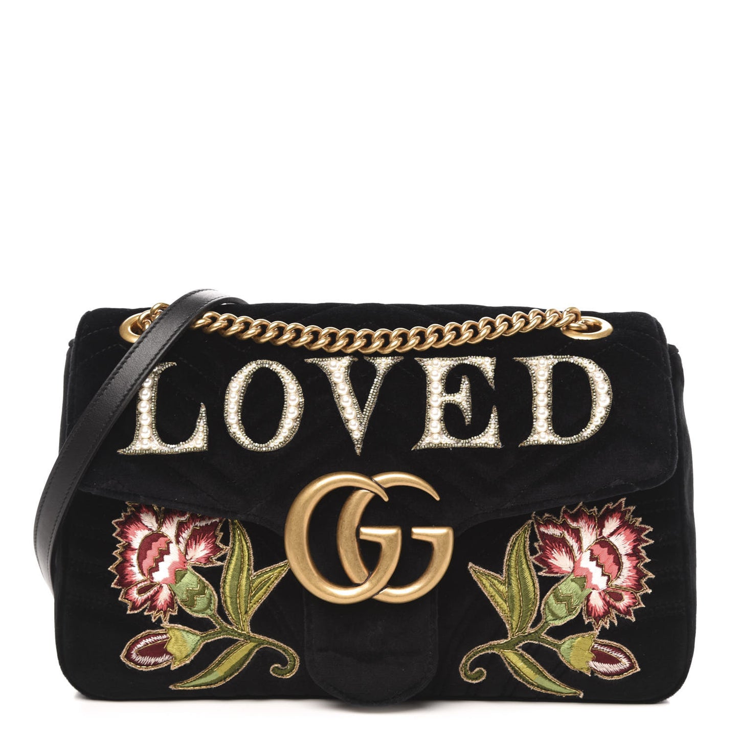 Velvet Matelasse Loved Embroidered Medium GG Marmont Shoulder Bag Black