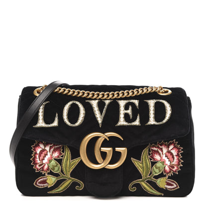 Gucci Velvet Matelasse Loved Embroidered Medium GG Marmont Shoulder Bag Black 1 of 11