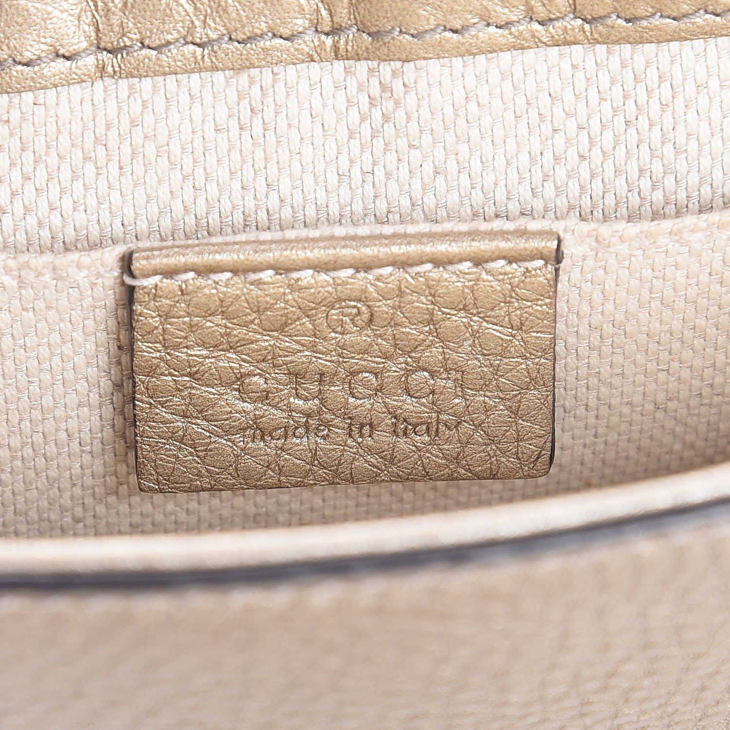 Gucci Metallic Pebbled Calfskin Small Soho Flap Crossbody Golden Beige 6 of 7