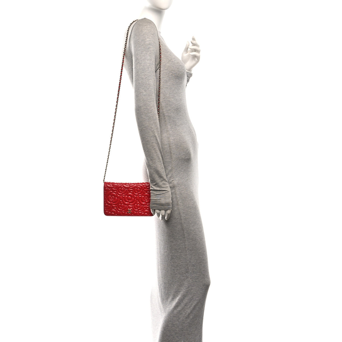 Chanel Caviar Camellia Embossed Wallet On Chain WOC Red 2 of 11