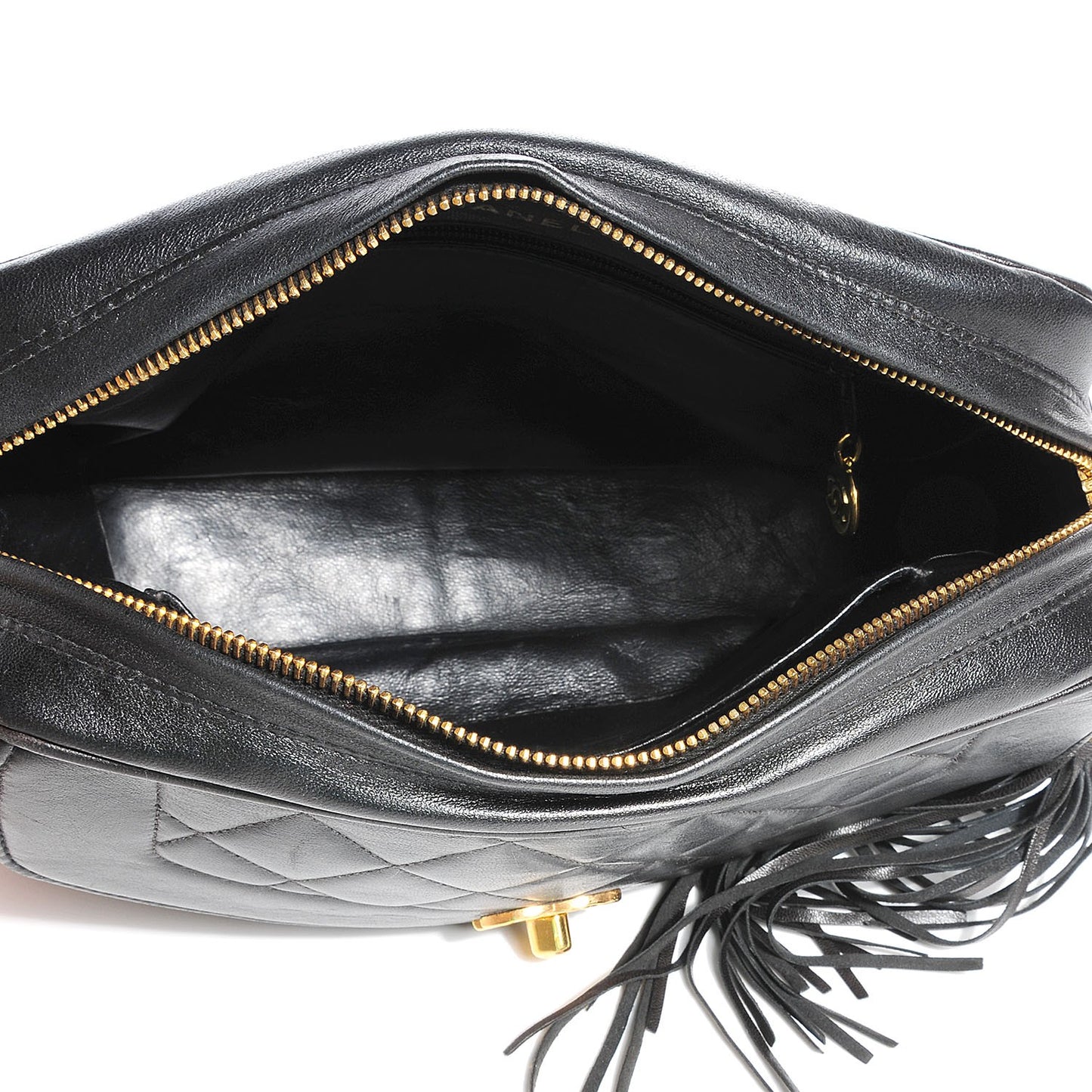 Lambskin Quilted Tassel Camera Case Black