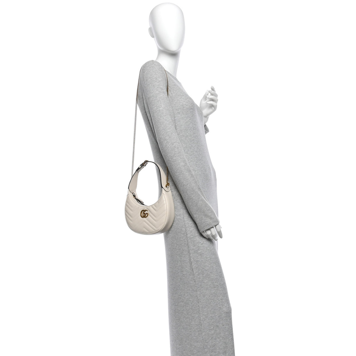 Gucci Calfskin Matelasse Chevron Mini GG Marmont Half Moon Hobo Mystic White 2 of 10