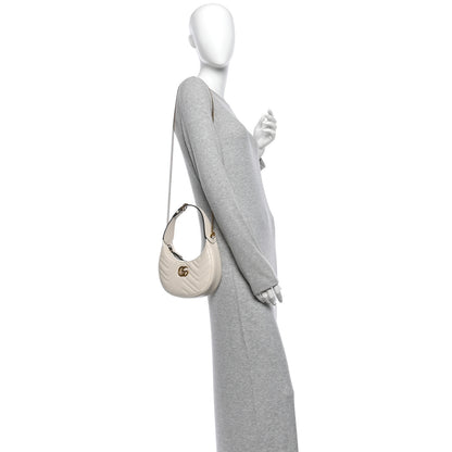 Gucci Calfskin Matelasse Chevron Mini GG Marmont Half Moon Hobo Mystic White 2 of 10